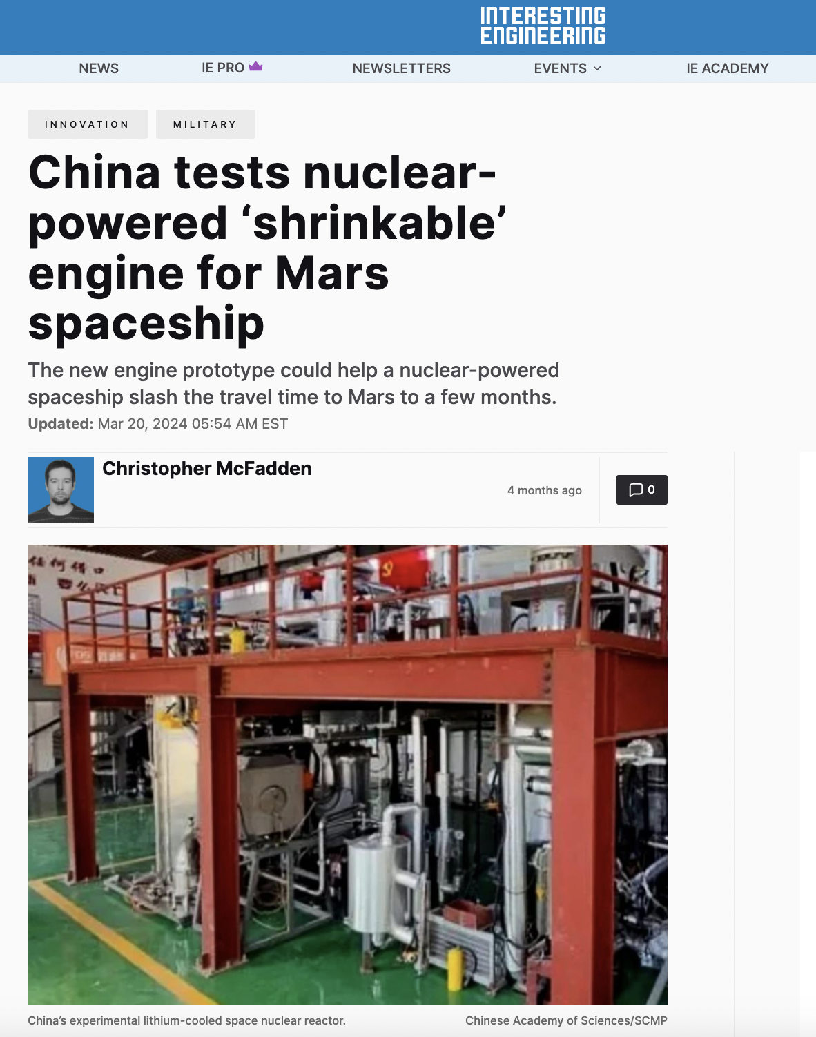 chinese scientists build prototype engine for nuclear powered spaceship to mars - News Ie Pro Newsletters Innovation Interesting Engineering Events E Academy China tests nuclear powered 'shrinkable' engine for Mars spaceship The new engine prototype could